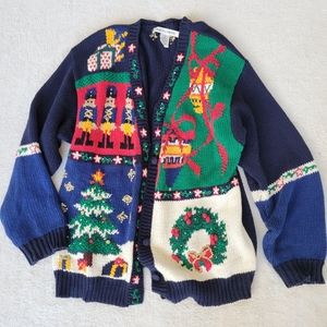 Vintage Christmas Cardigan Blue Nutcracker Tree Wreath Chunky Oversized Sweater